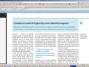 L'article dénonce les exportations d'amiante par le Canada. L'article dénonce les exportations d'amiante par le Canada.