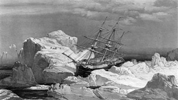 Dessin représentant le bateau de John Franklin dans l'Arctique Dessin représentant le bateau de John Franklin dans l'Arctique