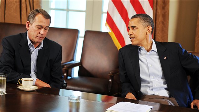 Le président républicain de la Chambre des représentants, John Boehner, en compagnie de Barack Obama, réunis à la Maison-Blanche, le 23 juillet 2011. Le président républicain de la Chambre des représentants, John Boehner, en compagnie de Barack Obama, réunis à la Maison-Blanche, le 23 juillet 2011.