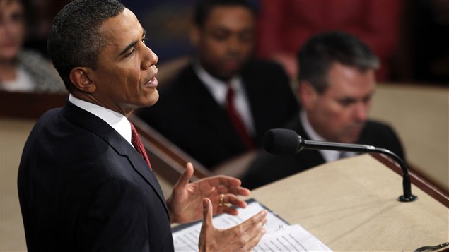 Barack Obama prononçant son discours sur l'état de l'Union. Barack Obama prononçant son discours sur l'état de l'Union.