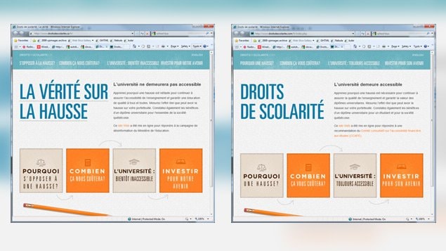 À gauche, le site fait par des étudiants reproduisant le même modèle que celui lancé par le gouvernement en novembre 2011. À gauche, le site fait par des étudiants reproduisant le même modèle que celui lancé par le gouvernement en novembre 2011.