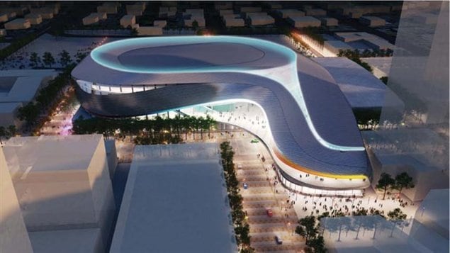 Une esquisse de l'extérieur du futur aréna du centre-ville d'Edmonton. Une esquisse de l'extérieur du futur aréna du centre-ville d'Edmonton.