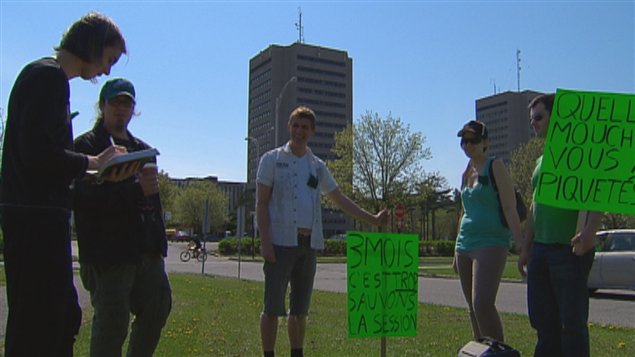 Quelques membres du mouvement des « carrés verts » se sont rassemblés à l'Université Laval.