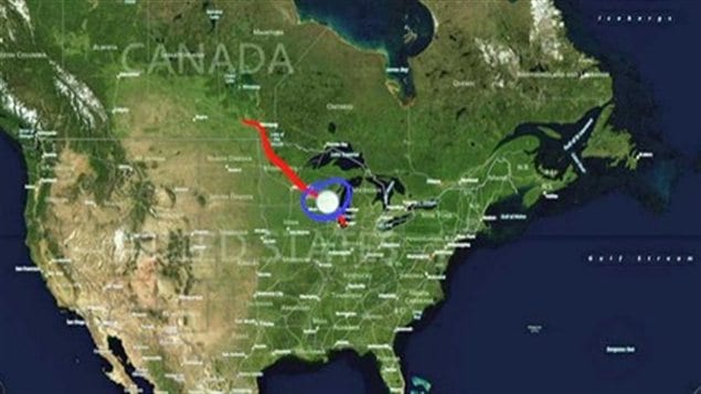 Carte du pipeline 14 de l'entreprise albertaine Endbridge. La fuite a eu lieu à la hauteur de Grand Marsh, dans l'État américain du Wisconsin Carte du pipeline 14 de l'entreprise albertaine Endbridge. La fuite a eu lieu à la hauteur de Grand Marsh, dans l'État américain du Wisconsin
