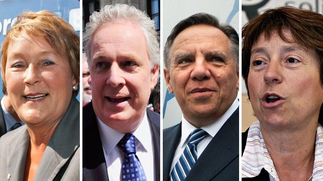 Pauline Marois (PQ), Jean Charest (PLQ), François Legault (CAQ), Françoise David (QS). Pauline Marois (PQ), Jean Charest (PLQ), François Legault (CAQ), Françoise David (QS).