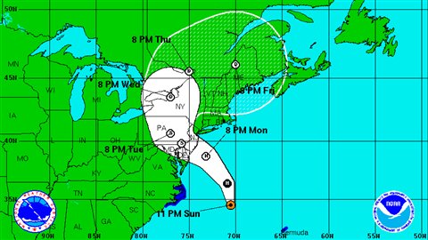 La trajectoire probable de Sandy, à 23 h dimanche. La trajectoire probable de Sandy, à 23 h dimanche.