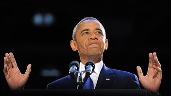 Barack Obama prononce son discours de victoire devant ses partisans à Chicago. Barack Obama prononce son discours de victoire devant ses partisans à Chicago.