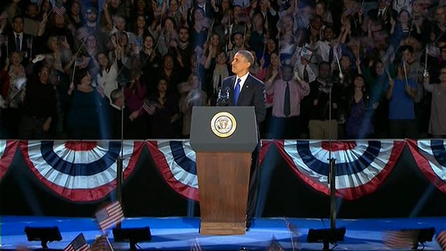 Le président Barack Obama livre son discours de victoire à Chicago. Le président Barack Obama livre son discours de victoire à Chicago.