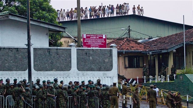 Des prisonniers sri-lankais narguent les policiers restés au sol, lors d'une émeute survenue dans une prison de la Colombo Des prisonniers sri-lankais narguent les policiers restés au sol, lors d'une émeute survenue dans une prison de la Colombo