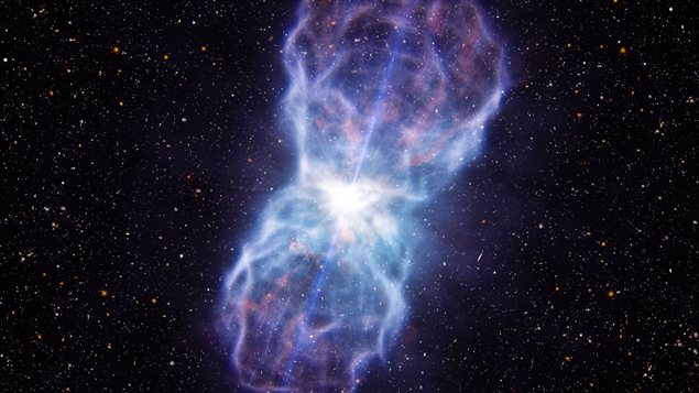 Vue d'artiste de l'énorme jet issu du quasar SDSS J1106+1939 Vue d'artiste de l'énorme jet issu du quasar SDSS J1106+1939