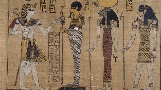 Reproduction d'un papyrus représentant le règne de Ramsès III en exposition à Venise, en Italie, en 2003. Reproduction d'un papyrus représentant le règne de Ramsès III en exposition à Venise, en Italie, en 2003.