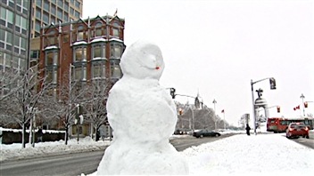 Des résidents d'Ottawa ont confectionné un bonhomme de neige, sur la rue Wellington. Des résidents d'Ottawa ont confectionné un bonhomme de neige, sur la rue Wellington.