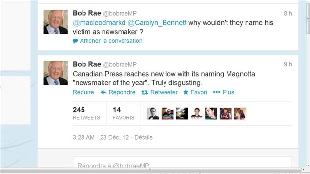 Le message de Bob Rae : La Presse Canadienne à son plus bas en nommant Magnotta personnalité médiatique de l'année. Vraiment dégoutant. Le message de Bob Rae : La Presse Canadienne à son plus bas en nommant Magnotta personnalité médiatique de l'année. Vraiment dégoutant.
