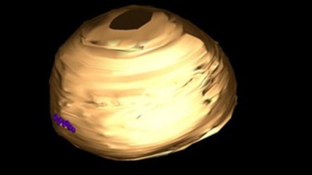 Modèle 3D, réalisé à partir d’images de microscopie électronique, d'une vésicule de 100nm contenant des nanoparticules (petites sphères) à l'intérieur de la membrane. Modèle 3D, réalisé à partir d’images de microscopie électronique, d'une vésicule de 100nm contenant des nanoparticules (petites sphères) à l'intérieur de la membrane.