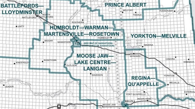 Carte des circonscriptions fédérales en Saskatchewan, préparée par la Commission de délimitation des circonscriptions électorales fédérales pour la Saskatchewan de 2012. Carte des circonscriptions fédérales en Saskatchewan, préparée par la Commission de délimitation des circonscriptions électorales fédérales pour la Saskatchewan de 2012.
