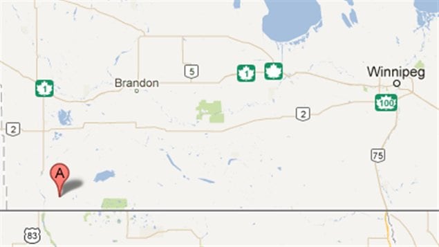 Carte montrant la communauté de Waskada, dans le sud-ouest manitobain, à proximité de la frontière du Dakota du Nord. Carte montrant la communauté de Waskada, dans le sud-ouest manitobain, à proximité de la frontière du Dakota du Nord.