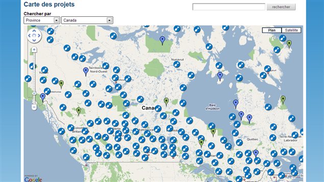 La carte des projets du plan d'action du gouvernement du Canada, telle que publiée sur le site du gouvernement. La carte des projets du plan d'action du gouvernement du Canada, telle que publiée sur le site du gouvernement.