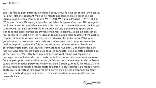 Texte d'un élève du Collège Durocher victime d'intimidation Texte d'un élève du Collège Durocher victime d'intimidation