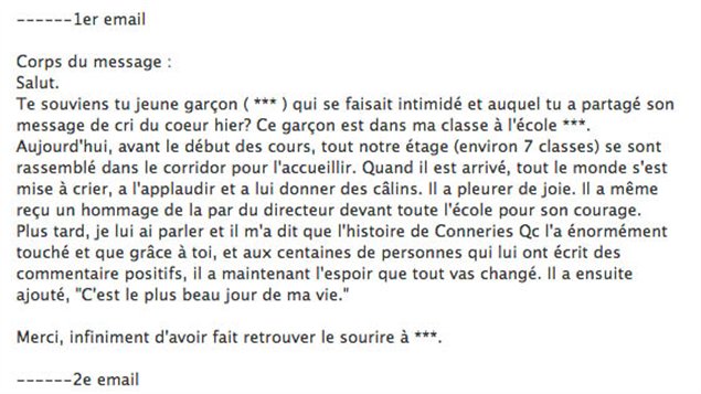 Un message envoyé au site ConneriesQc.com Un message envoyé au site ConneriesQc.com
