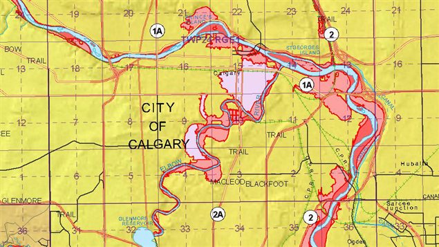 Les zones inondables rouges et roses à Calgary Les zones inondables rouges et roses à Calgary