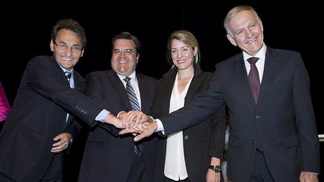 Les candidats à la mairie de Montréal Richard Bergeron, Denis Coderre, Mélanie Joly et Marcel Côté. Les candidats à la mairie de Montréal Richard Bergeron, Denis Coderre, Mélanie Joly et Marcel Côté.
