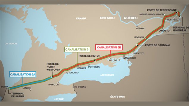 Le trajet de la ligne 9B d'Enbridge Le trajet de la ligne 9B d'Enbridge