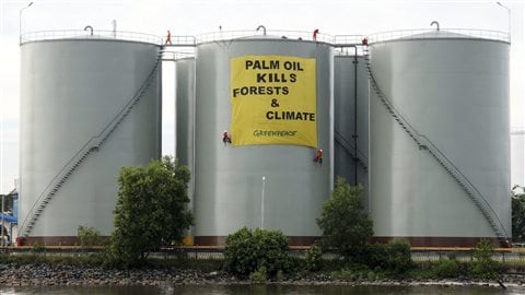 En Indonésie, en 2007, une bannière est déployée par Greenpeace sur des réservoirs d'huile de palme. En Indonésie, en 2007, une bannière est déployée par Greenpeace sur des réservoirs d'huile de palme.
