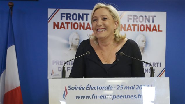La chef du Front national Marine Le Pen réagissant aux résultats de l'élection européenne en France, le 25 mai 2014 La chef du Front national Marine Le Pen réagissant aux résultats de l'élection européenne en France, le 25 mai 2014