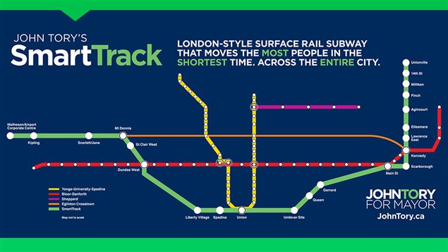 La carte des nouvelles stations proposées par John Tory (ligne verte) La carte des nouvelles stations proposées par John Tory (ligne verte)