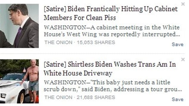 Des exemples de contenus considérés comme satiriques par Facebook. Des exemples de contenus considérés comme satiriques par Facebook.