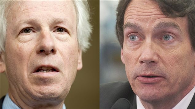 Stéphane Dion, à gauche, et Pierre Karl Péladeau, à droite (montage, archives) Stéphane Dion, à gauche, et Pierre Karl Péladeau, à droite (montage, archives)