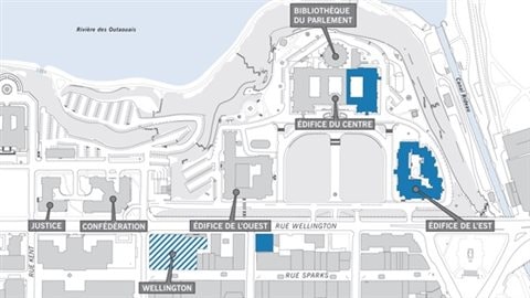 Un plan des édifices de la Cité parlementaire. Un plan des édifices de la Cité parlementaire.