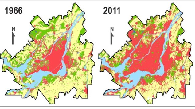 Le milieu urbain (en rouge) s'est étendu dans la région de Montréal aux dépens des forêts (en vert) et des terres agricoles (en jaune) Le milieu urbain (en rouge) s'est étendu dans la région de Montréal aux dépens des forêts (en vert) et des terres agricoles (en jaune)