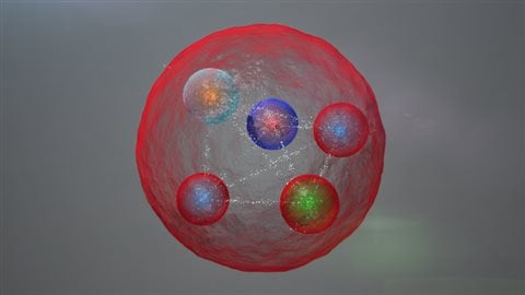 Illustration d'un autre agencement possible : les cinq quarks pourraient être liés étroitement. Illustration d'un autre agencement possible : les cinq quarks pourraient être liés étroitement.