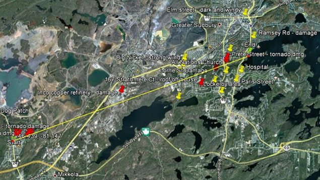 La trajectoire de la tornade de Sudbury La trajectoire de la tornade de Sudbury