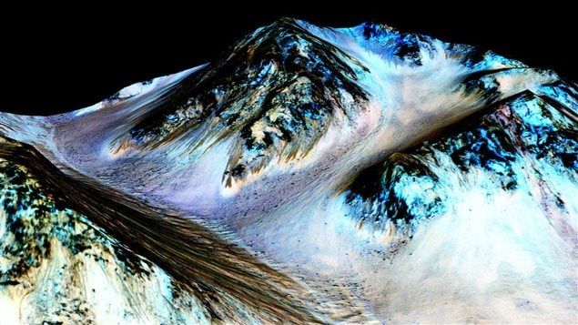 Ces étroites et sombres traînées de 100 mètres de long sur Mars auraient été formées par l'écoulement de l'eau. Ces étroites et sombres traînées de 100 mètres de long sur Mars auraient été formées par l'écoulement de l'eau.