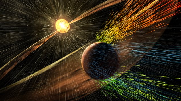 Des vents solaires soufflent sur Mars. Des vents solaires soufflent sur Mars.