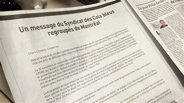 La page de publicité achetée par le Syndicat des cols bleus regroupés de Montréal dans Le Devoir de ce matin La page de publicité achetée par le Syndicat des cols bleus regroupés de Montréal dans Le Devoir de ce matin