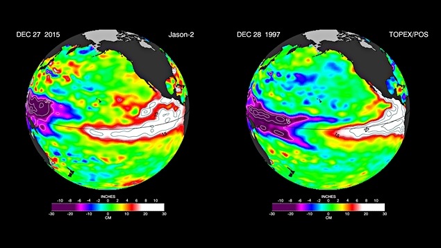 La comparaison entre le phénomène El Nino de 2015 (gauche) et celui de 1998 (droite). La comparaison entre le phénomène El Nino de 2015 (gauche) et celui de 1998 (droite).