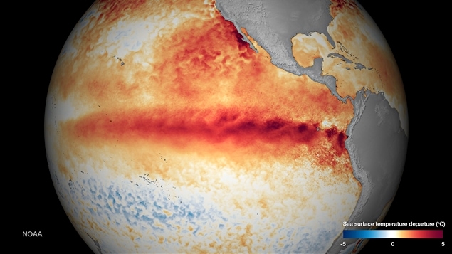 La bande rouge montre le réchauffement des eaux de l'océan Pacifique en octobre 2015 dû au phénomène El Nino. La bande rouge montre le réchauffement des eaux de l'océan Pacifique en octobre 2015 dû au phénomène El Nino.