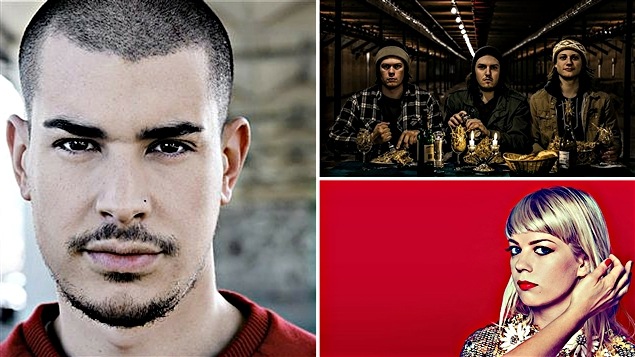 De g. à dr. : Koriass, le trio franco-ontarien Pandaléon et la chanteuse Basia Bulat. De g. à dr. : Koriass, le trio franco-ontarien Pandaléon et la chanteuse Basia Bulat.