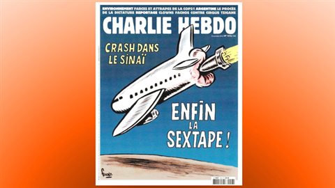 La une de « Charlie Hebdo » du 10 novembre 2015 faisait référence à l'avion russe abattu au-dessus du Sinaï par le groupe armé État islamique. Des porte-parole du gouvernement russe ont jugé le dessin scandaleux. La une de « Charlie Hebdo » du 10 novembre 2015 faisait référence à l'avion russe abattu au-dessus du Sinaï par le groupe armé État islamique. Des porte-parole du gouvernement russe ont jugé le dessin scandaleux.