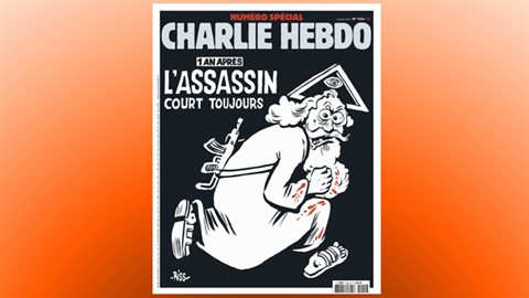 La une de « Charlie Hebdo » du 6 janvier 2016 représente un Dieu barbu armé d'une kalachnikov coiffé du titre : « 1 an après, l'assassin court toujours. » La une de « Charlie Hebdo » du 6 janvier 2016 représente un Dieu barbu armé d'une kalachnikov coiffé du titre : « 1 an après, l'assassin court toujours. »