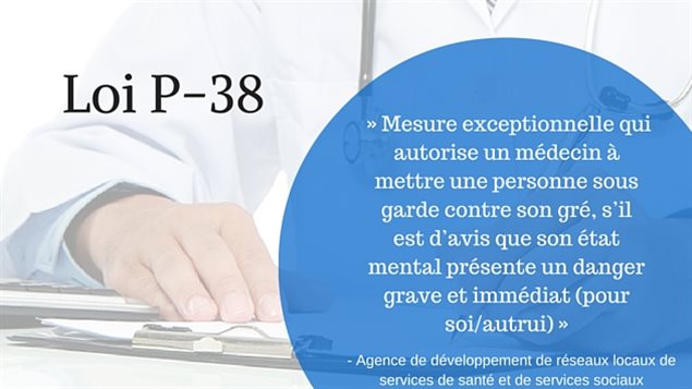 Loi P-38 : Mesure exceptionnelle qui autorise un médecin à mettre une personne sous garde contre son gré, s'il est d'avis que son état mental présente un danger grave et immédiat (pour soi/autrui Loi P-38 : Mesure exceptionnelle qui autorise un médecin à mettre une personne sous garde contre son gré, s'il est d'avis que son état mental présente un danger grave et immédiat (pour soi/autrui
