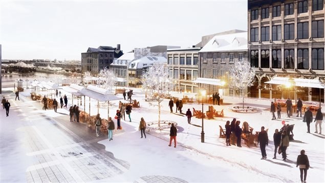 Maquette de la place Jacques-Cartier montrant l'aménagement prévu en période hivernale. Maquette de la place Jacques-Cartier montrant l'aménagement prévu en période hivernale.