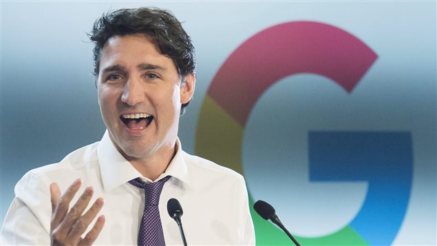 M. Trudeau lors d'une cérémonie à Kitchener, en Ontario, où Google Canada a ouvert un complexe de 17 000 mètres carrés. M. Trudeau lors d'une cérémonie à Kitchener, en Ontario, où Google Canada a ouvert un complexe de 17 000 mètres carrés.