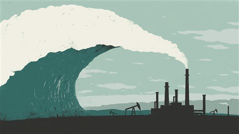 La fumée d'une usine crée une vague qui est sur le point d'angloutir cette même usine. La fumée d'une usine crée une vague qui est sur le point d'angloutir cette même usine.