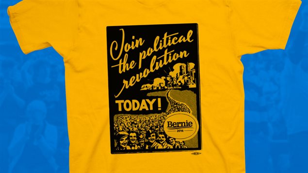 Un t-shirt de l'équipe Sanders 2016 évoquant les années 1930 Un t-shirt de l'équipe Sanders 2016 évoquant les années 1930
