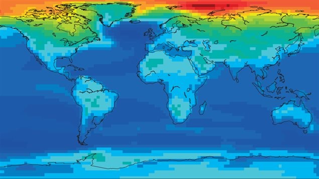 Carte montrant les hausses de températures, selon le modèle qui suppose une quantité deux fois plus grande de CO2 sur un horizon de 20 ans. Les zones en rouge connaissent un réchauffement plus grand que la moyenne et celles en bleu, un réchauffement moins important. Carte montrant les hausses de températures, selon le modèle qui suppose une quantité deux fois plus grande de CO2 sur un horizon de 20 ans. Les zones en rouge connaissent un réchauffement plus grand que la moyenne et celles en bleu, un réchauffement moins important.