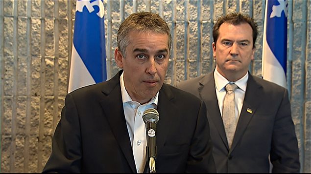Nicolas Marceau et Alain Therrien, respectivement députés de Rousseau et de Sanguinet pour le Parti québécois Nicolas Marceau et Alain Therrien, respectivement députés de Rousseau et de Sanguinet pour le Parti québécois